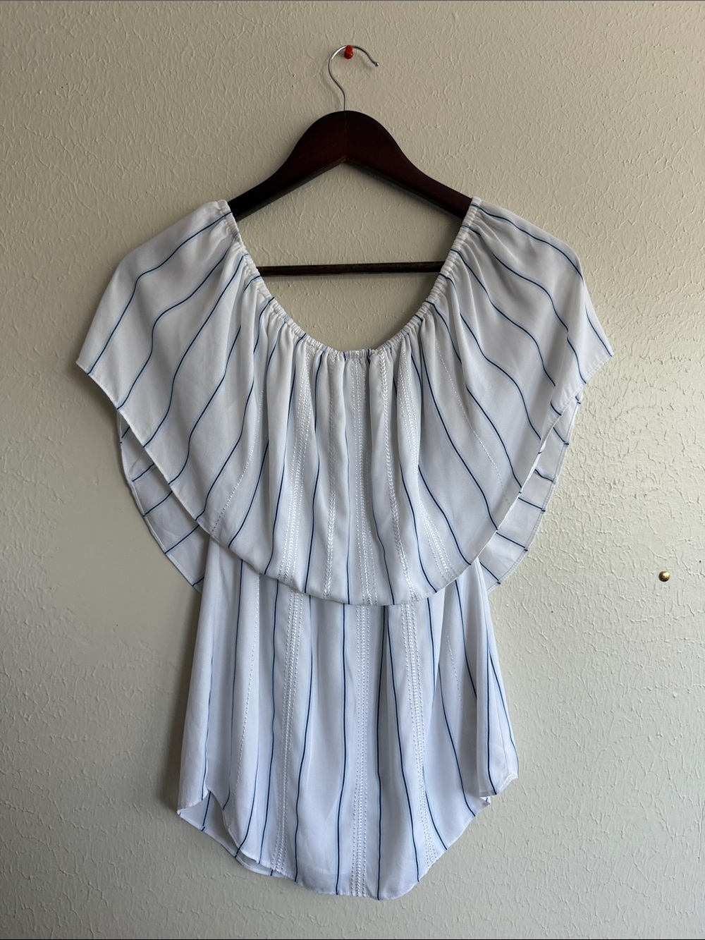 White House Black Market White Off-Shoulder Top with Blue Stripes